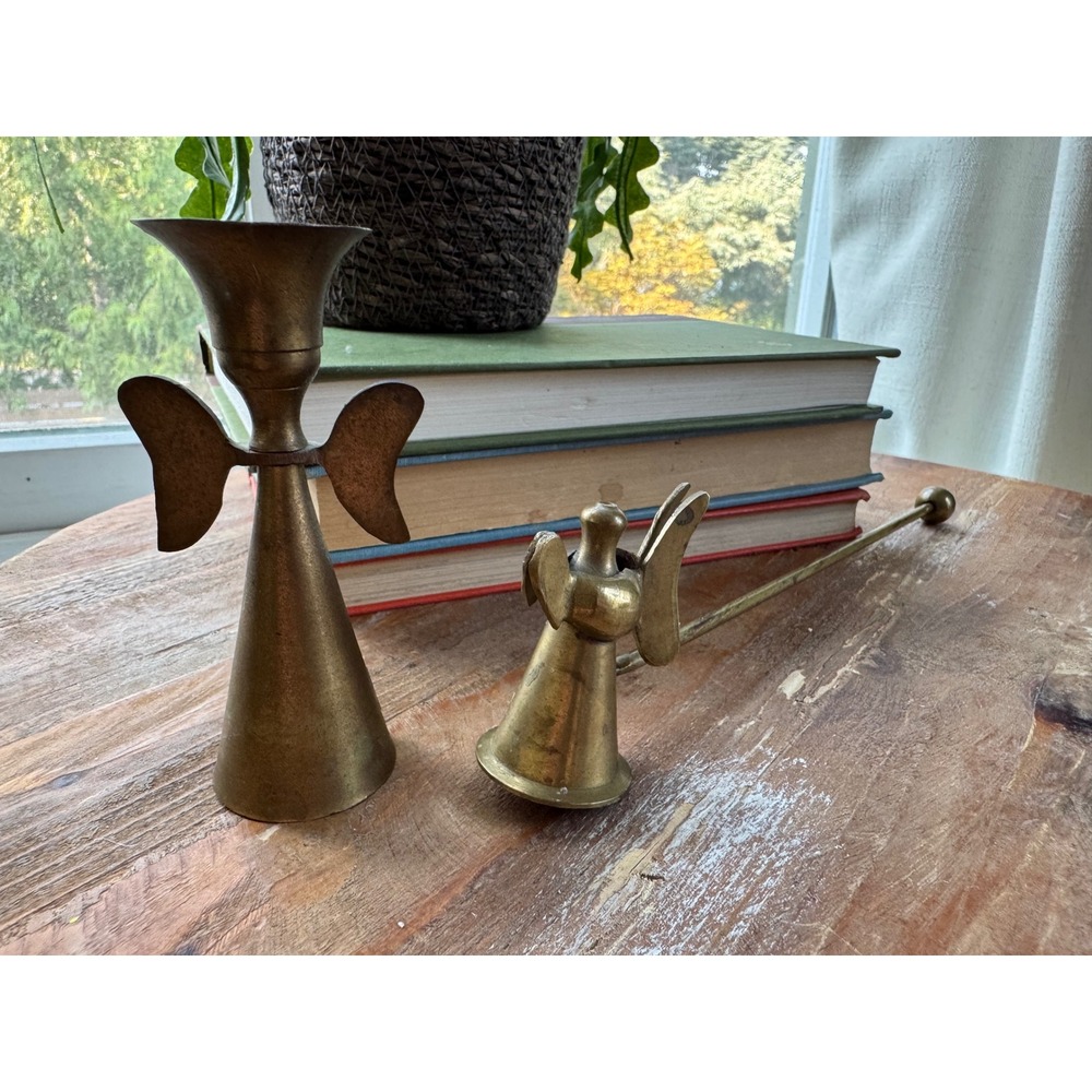 Vintage Brass Angel Candle Holder and Snuffer Set Made in India Gold Taper 2pc